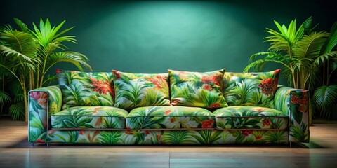 Tropical Paradise Living Room Decor Luxurious Sofa with Vibrant Floral Print and Lush Greenery