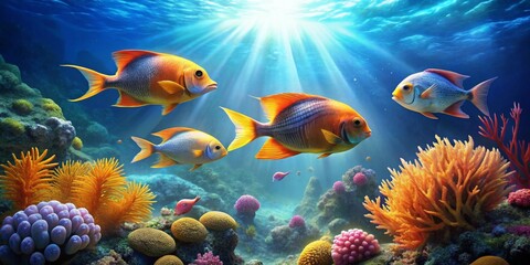 Naklejka premium Vibrant Reef Scene Featuring Colorful Fish and Lush Coral Formations Illuminated by Sunbeams Penetrating the Ocean's Surface