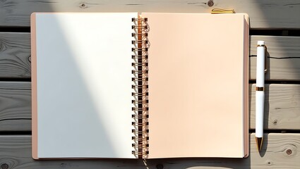 An open blank spiral bound notebook with pale pink pages sits on a weathered grey wooden surface next to a white pencil ready for writing or drawing ideas