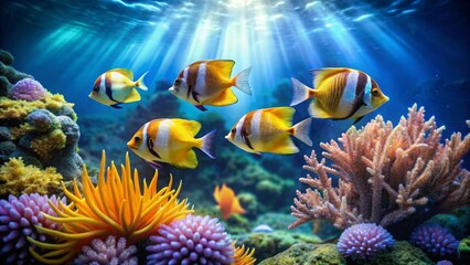 Obraz premium Vibrant Reef Inhabitants Gracefully Swimming Amidst Colorful Coral and Sea Anemones in a Sunlit Underwater Paradise