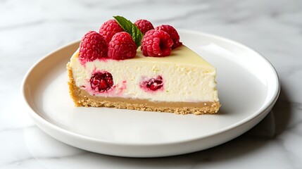 Slice of Raspberry Cheesecake on a White Plate