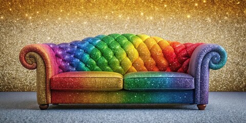 A dazzling rainbow glitter sofa rests against a shimmering gold backdrop, perfect for a vibrant and luxurious interior design.