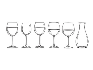 Wine glass line art vector sketch set