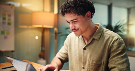 Laptop, research and smile with business man in office for project manager, schedule and media...