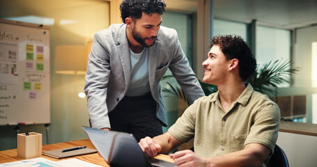 Business, men and meeting on laptop at night for accounting, finance report and budget plan....