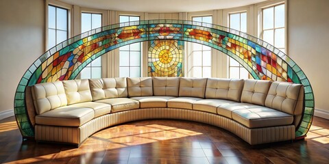 Elegant Curved Sofa with Stained Glass Archway in Sunlit Room