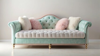 Elegant Mint Green Velvet Sofa with Plush Pillows in a Serene Setting