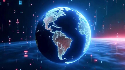 Futuristic digital globe displaying Earth with glowing connections and data streams in space - Powered by Adobe