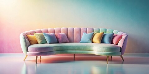 Pastel-hued curved sofa with colorful throw pillows rests against a softly-lit ombre wall in a minimalist interior scene