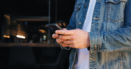Phone, cafe and hands of person at front door for delivery tracking, communication and contact....