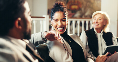 Happy, business people or meeting with communication for social chat or team building in office....