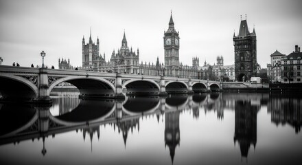 Fototapeta premium London skyline reflected in river, black and white view