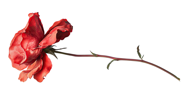Red rose with green leaves isolated on a transparent background, showcasing its natural beauty and delicate petals. PNG