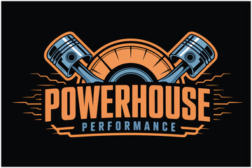 Powerhouse performance logo with pistons and speed lines.vector design.