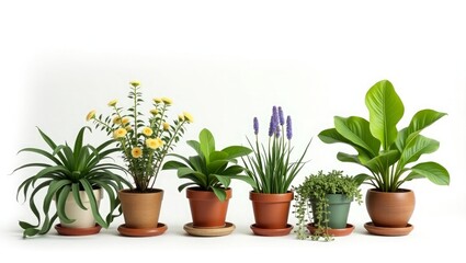 Fototapeta premium Six Potted Plants with Yellow and Purple Flowers on White Background