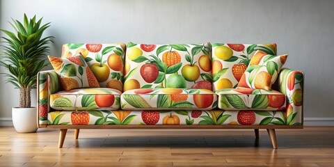 Vibrant Fruit-Themed Sofa with Lush Green Plant in a Modern Room Setting