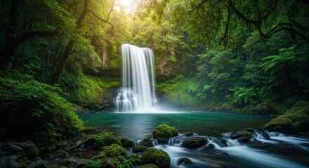 Obraz premium Lush waterfall cascades into a clear, blue-green pool