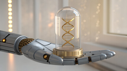 Robotic hand holding a dna helix in a futuristic laboratory vial