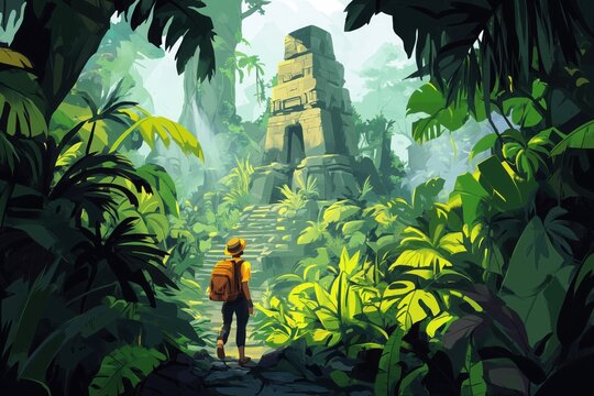 An adventurous illustration of a traveler navigating through a dense rainforest, surrounded by exotic wildlife and ancient ruins.