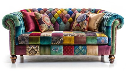 A vibrant patchwork loveseat, meticulously crafted with a multitude of richly colored velvet fabrics and adorned with plush decorative pillows, exudes eclectic elegance.