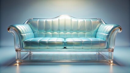Futuristic Teal Upholstered Sofa on a Transparent Glass Base in a Modern Setting