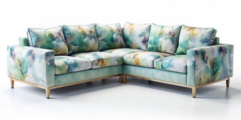 Modern Sectional Sofa with Abstract Watercolor Teal and Green Upholstery and Gold Legs