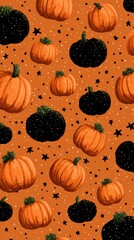 Colorful pumpkin pattern on vibrant orange background showcases autumn spirit and seasonal decor ideas