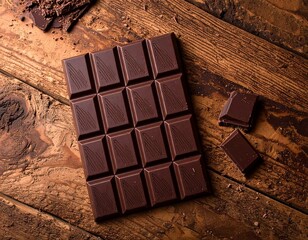 Flat lay of a premium dark chocolate bar with textured square pieces and broken bits, placed on aged wooden surface. Elegant dessert concept, rich tones, artisanal and cozy mood