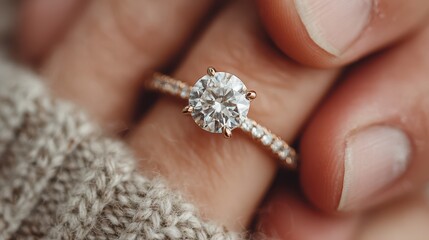 Close-up of a sparkling engagement ring held gently in hand, showcasing its brilliance and intricate design