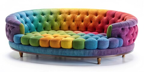 Rainbow Hues Oval Button Tufted Sofa with Multicolored Cushions and Wooden Legs