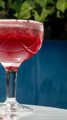Effervescent ruby cocktail mingles with sunlight, enchanting serenity; perfect for Midsummer Eve or quirky urban gatherings