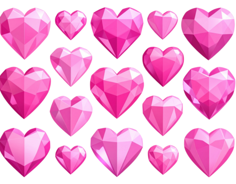 Flat Vector Pink Gem Heart Icons with Radiant Highlights, isolated PNG