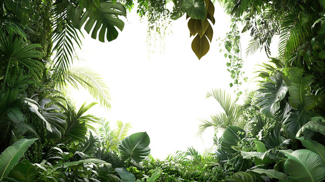A vibrant green tropical jungle frame with lush leaves and branches forms a natural border on transparent background, perfect for spring or summer designs. PNG
