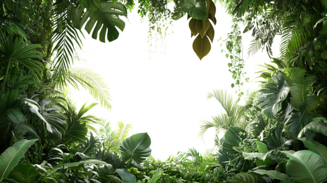 A vibrant green tropical jungle frame with lush leaves and branches forms a natural border on transparent background, perfect for spring or summer designs. PNG