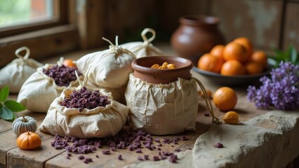 Naklejka premium The pottery jars and fruits on the wooden table