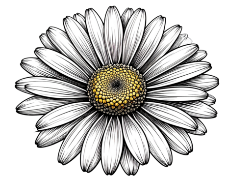 Hand-Drawn Black Ink Line Art of Daisy Bloom with Detailed Petals, isolated on transparent background