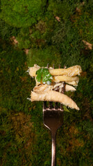 Creamy pasta swirls perched on silver fork amidst lush green backdrop, invoking Mushroom Day celebration and forest-to-table dining
