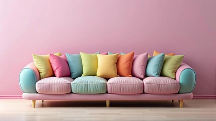 Pastel-colored sofa with multicolored cushions against a pink wall, perfect for a cheerful and vibrant living room