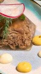 Gelatinous aspic nestled with dill sprigs and radish, evoking village nostalgia, ideal for...