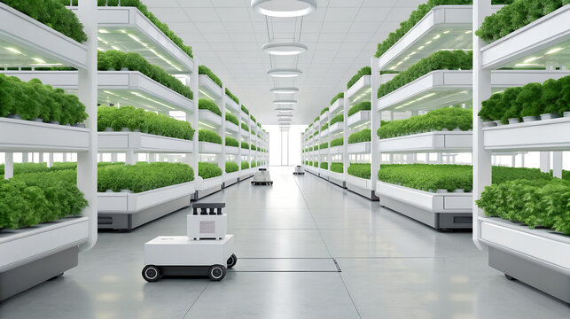 Modern vertical farm with automated robotic systems and lush green plants - Powered by Adobe