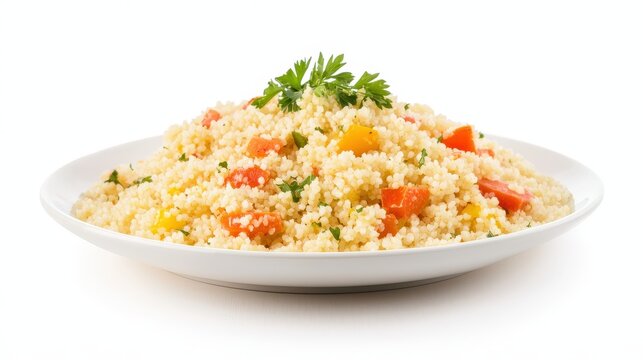 A vibrant couscous salad is presented on a white plate against a clean background, highlighting the fresh vegetables and herbs interspersed in the grain mix.