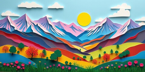Intricate paper cut landscape, vibrant colors, layered mountains, sunlit meadow, whimsical style,  flora,  blue