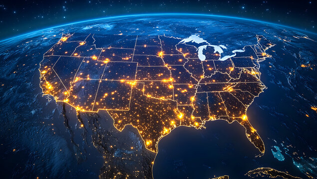 USA map beneath a digital mesh grid, visualizing satellite communication systems and real-time nationwide data exchange