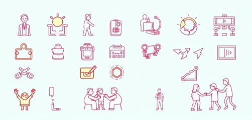 Fototapeta premium Set of line art doodle icons symbolizing teamwork collaboration, synergy, and unity, network, cohesion