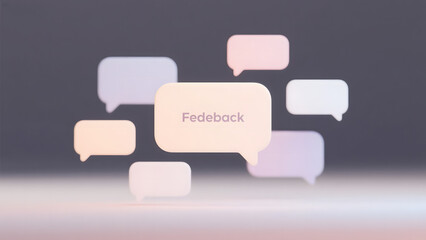 Floating speech bubbles with the word 'Feedback' highlighted in a central bubble, set against a soft gradient background.