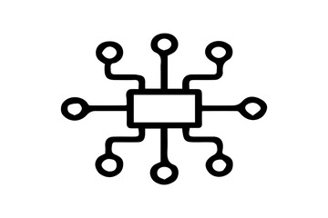 The image is a black and white line icon of a central microchip or processing unit with eight branching lines extending outward, each ending in a circular node.