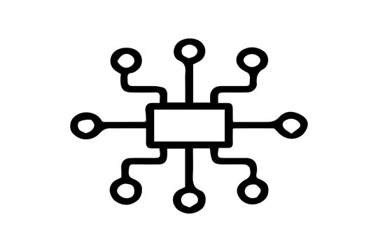 The image is a black and white line icon of a central microchip or processing unit with eight branching lines extending outward, each ending in a circular node.