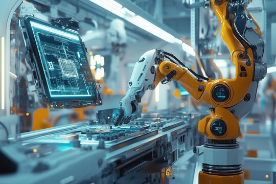 A high-tech industrial assembly line with a robotic android working.