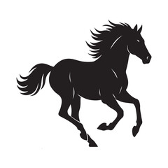 Obraz premium Dynamic black horse silhouette vector illustration featuring a running stallion with flowing mane and tail, isolated on white for equestrian design