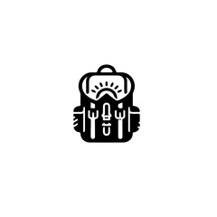 A black and white minimalist icon of a backpack with visible contents inside